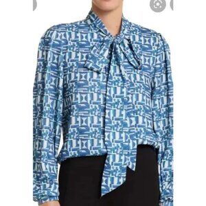 New Toccin Blue Geometric Printed Lantern Tie Neck Blouse $295
